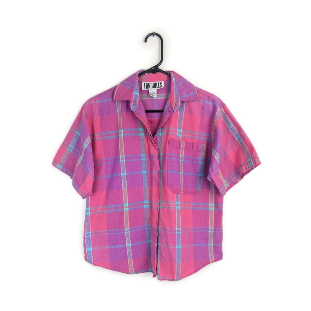 Vintage 90s Hot Pink/Purple Plaid Short Sleeve Flannel Button Down